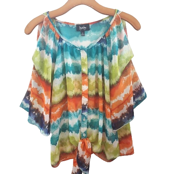 BY & BY Rainbow Ombre Sheer Cutout Butterfly Sleeve Weird Girl Phoebe Buffay Top - Picture 1 of 14